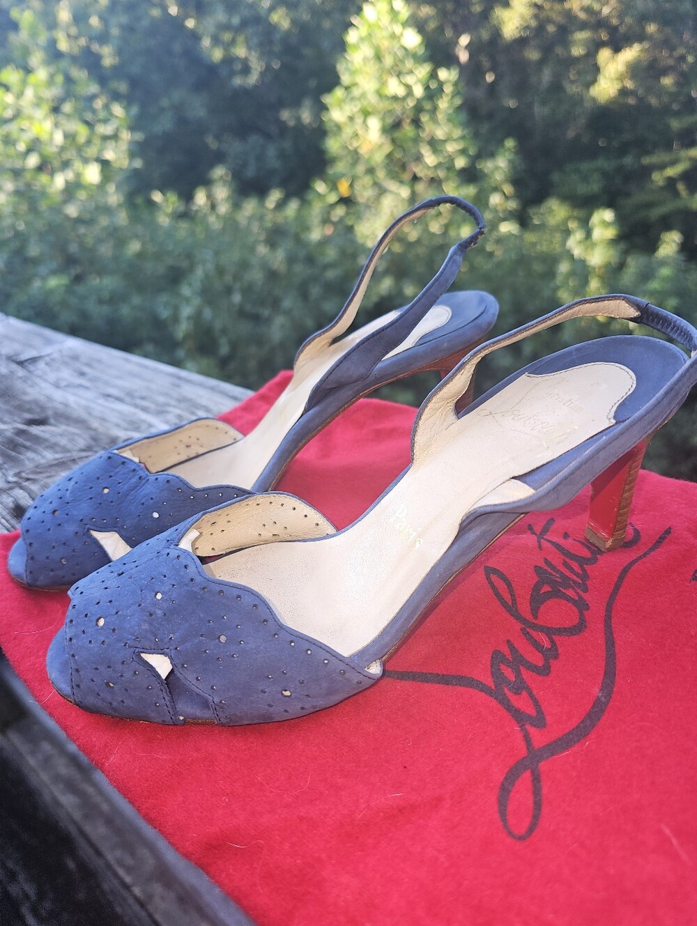 Christian Louboutin Blue Suede Perforated Slingback Peep Toe Heels Size 37.5